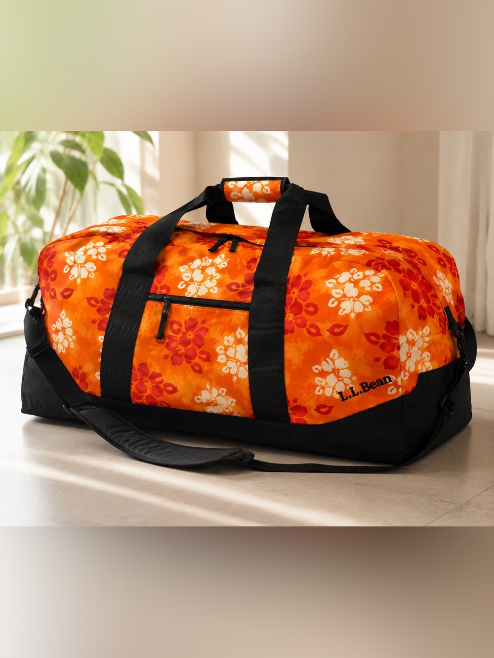 L.L. Bean Adventure Duffle Bag in Orange Hibiscus Tropical Floral, Black Accents